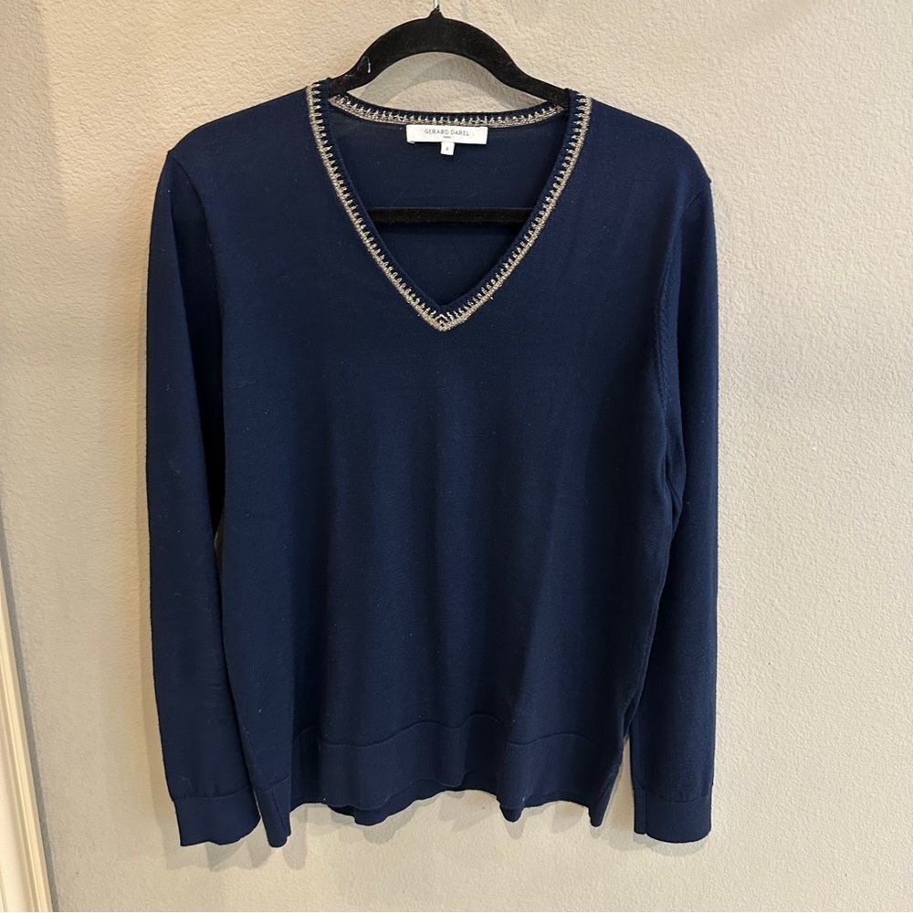 Gerard Daniel | 4 / XL | blue merino wool metallic neckline v neck light sweater